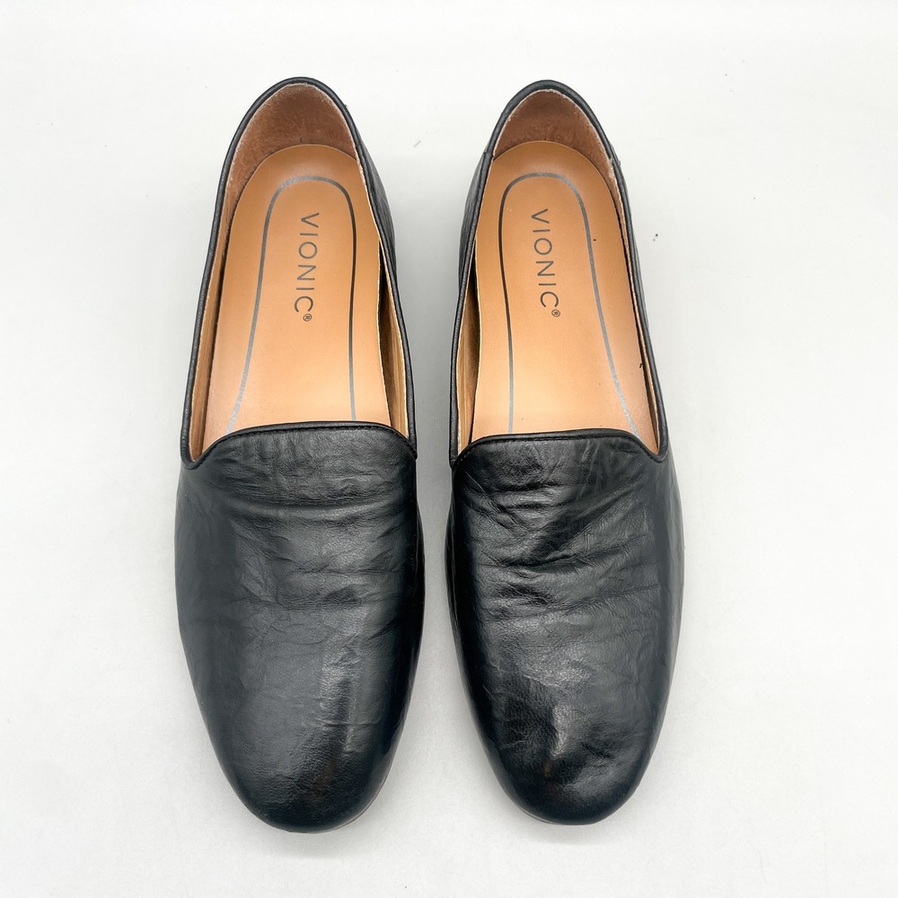 Vionic Womens 7.5 Willa II Loafers Shoe Black Leather SlipOn Flats Office Preppy